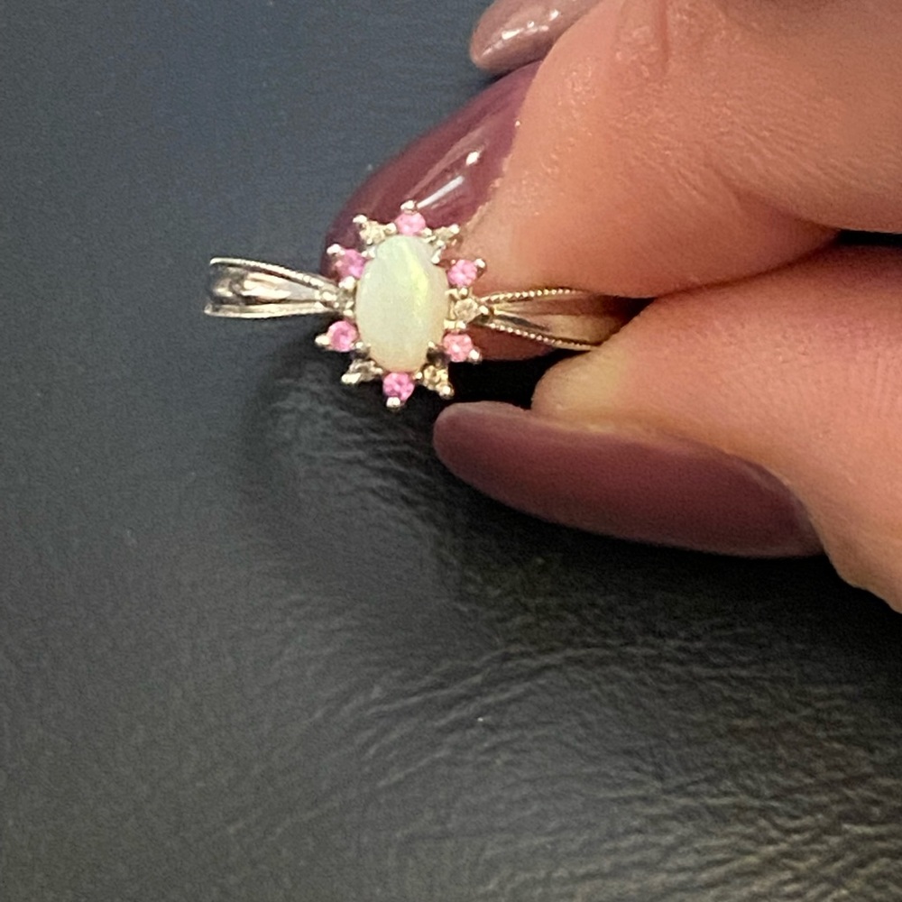 Opal with White & Pink Sapphire Ring 10K White Gold